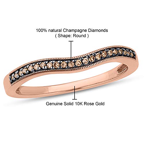 1/10Cttw Diamond Stackable Ring For Women In 10K Rose Gold (Champagne Diamond) & 10K White Gold. Women's Anniversary Band With Round Diamond Accent, Diamond Stacking Ring For Women, P-8 #TOP3