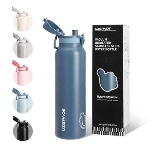 UZSPACE Edelstahl Trinkflasche 1l (970ml), Isolierte doppelwandige Sportflasche mit Klappdeckel, Ein-Hand-Öffnung, Auslaufsicher, Wasserflasche für Wandern Sport Fitness Gym Outdoor Workout Arbeit UZSPACE Edelstahl Trinkflasche 1l (970ml), Isolierte doppelwandige Sportflasche mit Klappdeckel, Ein-Hand-Öffnung, Auslaufsicher, Wasserflasche für Wandern Sport Fitness Gym Outdoor Workout Arbeit