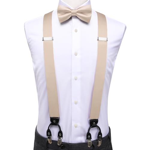 Image of Hi-Tie Men Suspender Bowtie Set Suspenders Pre-tied Bow Tie Pocket Square Cufflinks Adjustable Y Shape 6 Clips Braces Tuxedo