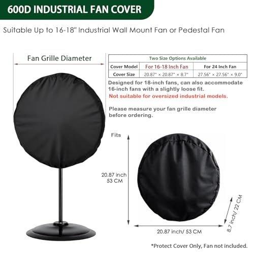 Image of Wall Mount Fan Cover, 16 Inch Industrial Fan Cover, 600D Waterproof & Dustproof for Wall Mount, Pedestal Fans Protection with Zipper and Securing Strap