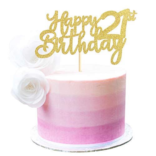 Unimall Gold Glitter 21st Happy Birthday Cake Topper Adult Food Picks for Celebrating Twenty-one Years Old Birthday Anniversary Party Decorations Supply