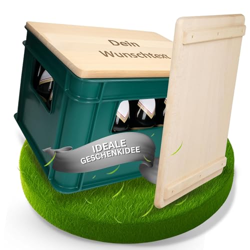 elasto PROMOTION FOR LIFE Siège de casier à bière personnalisé « Woody » - Coussin en bois - Siège d'extérieur pour festival, fête des pères, camping et balcon - Tabouret et table mobile 2 en 1 -