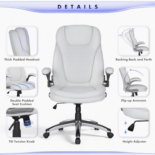 Image of COLAMY High Back Executive Office Chairs Set of 2, Ergonomic PU Leather Desk Chairs with Flip-Up Armrests, Adjustable Height, Lumbar Support, Comfortable Computer Chairs for Home Office, White