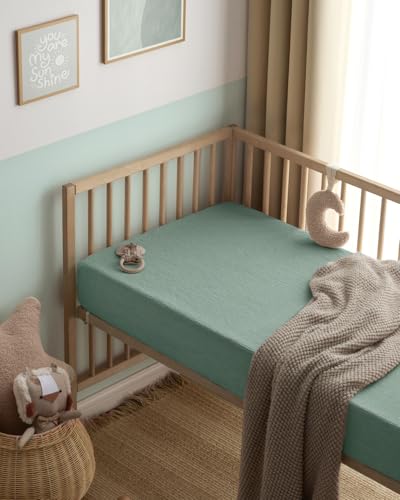 Image of Blissful Diary Muslin Mini Crib Sheets, Pack and Play Mattress Sheets Fitted for Pack N Play, Soft Cotton for Boys Girls, 2 Pack(Sage Checkboard & Sage Green)