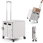 The Fellie Trolley Box Cart with One-piece Lid, 75L & 50KG Capacity Folding Shopping Cart Trolley, Boot Cart with 4 Wheels & Telescopic Handle for Shopping Camping Picnic Office Laundry(White Grey)