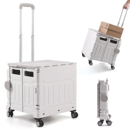 The Fellie Folding Shopping Cart Trolley with One-piece Lid, 50L & 50KG Boot Cart on 4 Wheels, Collapsible Trolley Box Cart with Telescopic Handle for Shopping Picnic Office Laundry(White Grey)