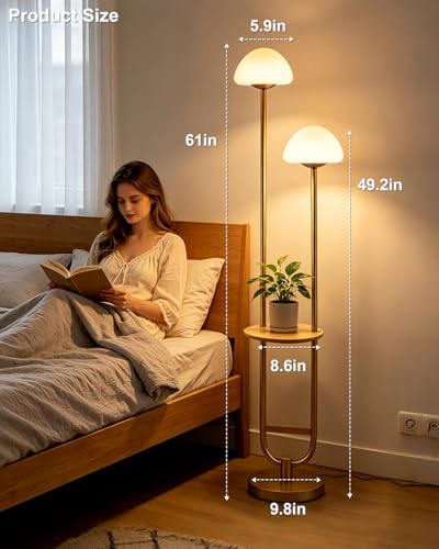 Image of 2-Light Gold Dimmable Floor Lamp with Table, Modern Floor Lamps for Living Room, 3000K Warm White Tall Standing Lamp with Mushroom Shades & Bulbs for Bedroom /Office