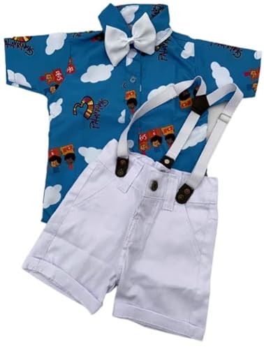 3 Palavrinhas Kit Roupa Conjunto Infantil Menino 4 Peças Camisa Gravata Bermuda e Suspensório Aniver
