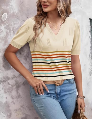 Zeagoo Womens Short Sleeve Sweaters Soft Casual V Neck Pullover Tops Lightweight Knit Sweater Blouse4