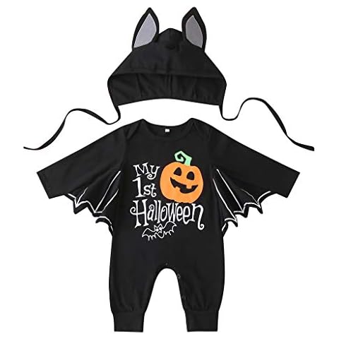 Baby Halloween Costumes Baby Boy Girl Halloween Outfits Long Sleeve Bat Romper Hat 2Pcs Baby Boy Girl Halloween Clothes (18-24 Months,A Black) Cover