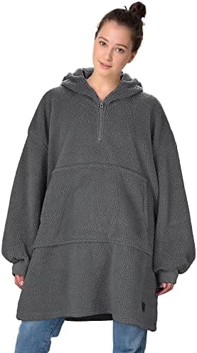 Blanket Sweatshirt with Quarter Zip, Warm Cozy Wearable Faux Shearling Pullover Hoodie Fluffy Coat for Adults Women Men Youth, Lightweight, Hood & Large Pocket, Zipper, Oversized, Multiple Colors
