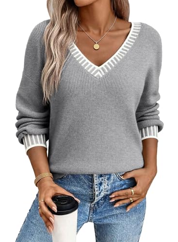 Dokotoo Womens Fall Sweaters Long Sleeve V Neck Lightweight Clothes Gray L