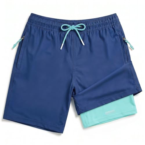 AVENSEA Boys Swim Trunks with Compression Liner Quick Dry Cooling Swim Shorts Toddler Stretch Bathing Suit(Ocean|Aqua,10-12Y)