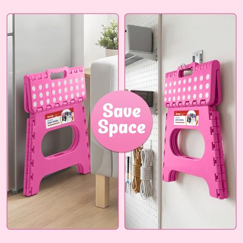 Image of ACSTEP Folding Step Stool 11 Inch, Sturdy Plastic Foldable Step Stool for Kids & Adults, Non Slip Lightweight Collapsible Foot Stools Holds 300 lbs, Ideal for Kitchen, Bathroom, Bedroom, Rose red