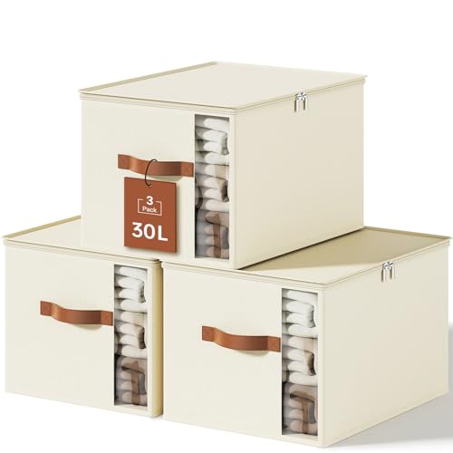 Image of KitHero Clothes Storage Bins with Sturdy Frames, Foldable Fabric Clothing Organizer Box for Moving, Sweater Storage Cube with Lids and Zipper, Linen Closet Storage Bags for Blankets, Clothes, Sheet