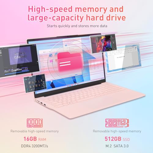 Image of Auusda 15.6 inch FHD Laptop for Work, Student and Entertainment, 16GB Dual RAM 512GB SSD, Full Function USB Type C /HDMI /Backlit Keyboard /Fingerprint /USB 3.0, Win 11 Pro, Dual Core 4T Processor, Pink