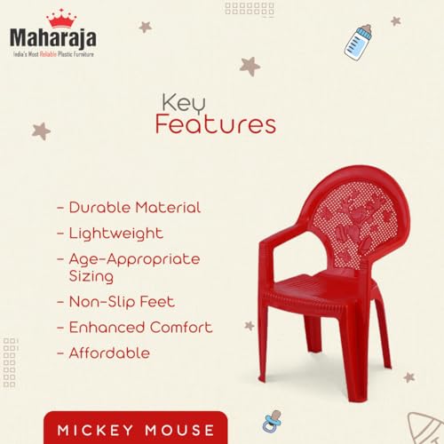Image of MAHARAJA Mickey Mouse Plastic Chair for Kids | Strong Durable & Portable Study Chairs | Virgin Material Kids Chairs for 2 to 8 Years | Stackable School Chair (Red, Pack of 6)