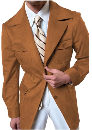 Mens Vintage Hunting Trucker Suede Jacket Men Faux Suede Jackets Blazer with 4 Workwear Pockets