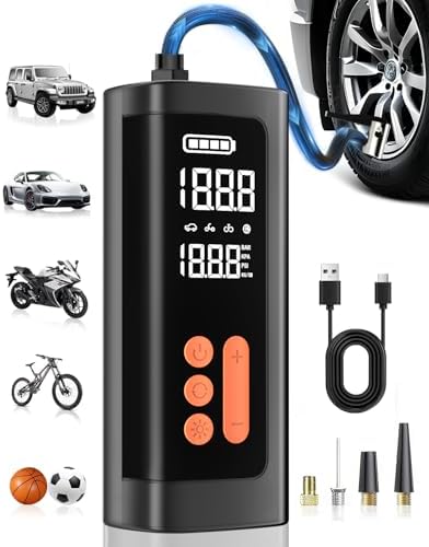 Tire Inflator Portable Air Compressor, Air Pump for Car Tires 3-150PSI Cordless,Tires Pump with Pressure Gauge, Auto Shutoff, Bike Pump for Cars, Motorcycles, Bikes, Balls & Car Accessories
