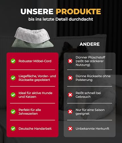 HS-Hundebett® Schlupfsack Cord-Exklusiv – Vielseitige Kuschelhöhle für Hunde und Katzen – Waschbar – Made in DE (Grün/Hellgrau, 60x75cm)