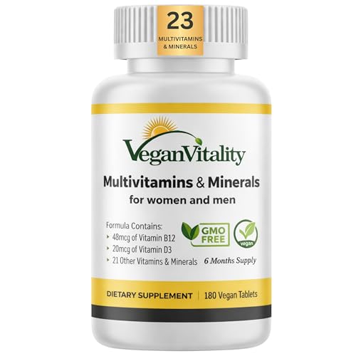 Vegan Vitality Multivitamins & Minerals for Women and Men with High Strength Vitamin B12, D3 & K2. 180 Vegan Multivitamin Tablets - 6 Months Supply. Vitamins for Vegans. Women Multivitamin