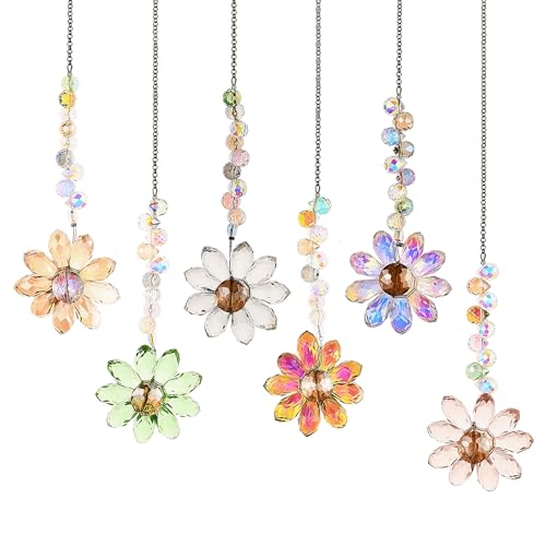 Image of 6 PCS Crystal Flower Suncatchers Hanging Ornaments Colorful Crystal Sunflower Rainbow Maker Hanging Pendant Windows Indoor Outdoor Garden Decorations