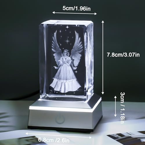 Image of 3D Guardian Angel Crystal Night Light with Multicolor LED Base Glass Laser Engraved Guardian Angel Figurines Statue Lamp Gifts for Women Friends Birthday Christmas Room Decor