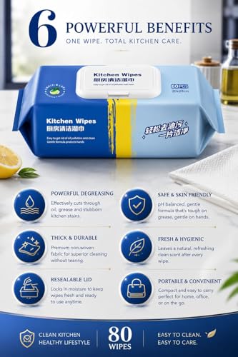 Image of Kitchen Wipes for Cleaning Oil and Grease Thick Non Woven Cleaning Wet Wipes for Platform Countertop Slab and Utensils with Resealable Lid Large Size 20x20 cm Pack of 80 Wipes
