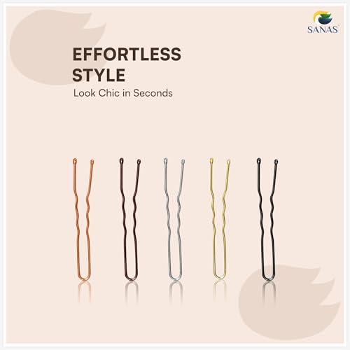 Image of Sanas Hair Pins For Hair Styling (250Pcs) Bobby Pins For Women Hair Pin Variety In Design & Finish Juda Pins For Hair Bun U Pins For Hair Stylish (5cm Long) (250Pcs) Gold Silver Bronze Black & Rose Gold