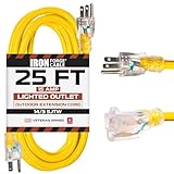 Iron Forge Cable Weatherproof 25 Ft Outdoor Extension Cord - 14/3 SJTW 15 Amp Heavy Duty Yellow Extension Cord 3 Prong - Lighted End