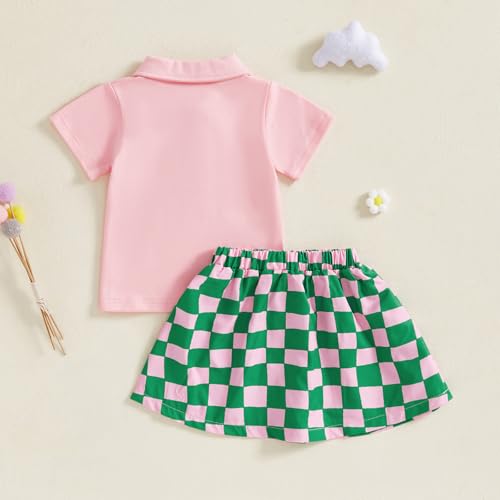 Image of Toddler Girl Golf Outfit Short Sleeve Collared T Shirt Top Elastic Waist Mini Skirt 2Pcs Summer Clothes (Plaid, 3-4T)