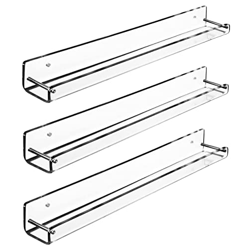 Amt 3 Pack Acrylic Floating Shelves, 15 L X 1.8 W, Clear Bathroom Wall Shelf, Bookshelves, Invisible Display For Office, Bedroom, Small Gap Allows Water To Escape, Free Screws & Drill Bit (Small) #TOP8