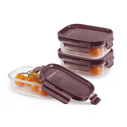 CELLO Modulock Rectangular Pet Storage Container for Kitchen Set of 3 Pcs, 260ml Burgundy | Freezer & Fridge Safe Stackable Airtight Kitchen Storage Container Jar Set for Flour Pasta Sugar Tea Coffee