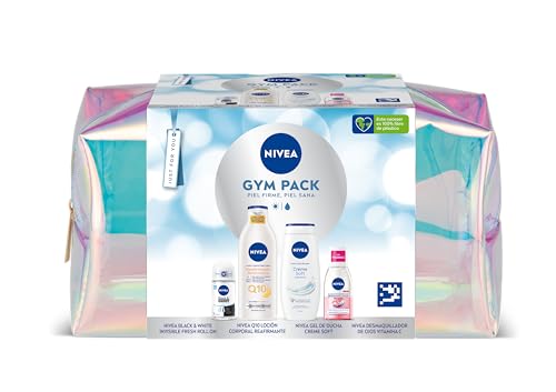 NIVEA Pack Neceser Gimnasio Gympack, Set Para Ella Con Desodorante Roll On Black&White 50ml + Loción Corporal Q10 400ml + Desmaquillador de Ojos 125ml + Gel de Ducha 250ml - Cuidado Completo