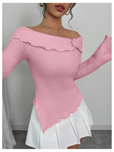 GORGLITTER Women's Off The Shoulder Sweater Floral Cute Fall Outfits 2025 Bell Flared Sleeve Asymmetrical Knitted Tops3