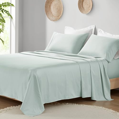 Image of Madison Park Organic Cotton Sheets 300TC, King Size Bed Set, Aqua 4 Piece | Soft & Breathable Cotton Bed Sheets, Elastic Deep Pocket, Fits Up to 18 inch Mattress, All Seasons Cozy Lightweight Bedding