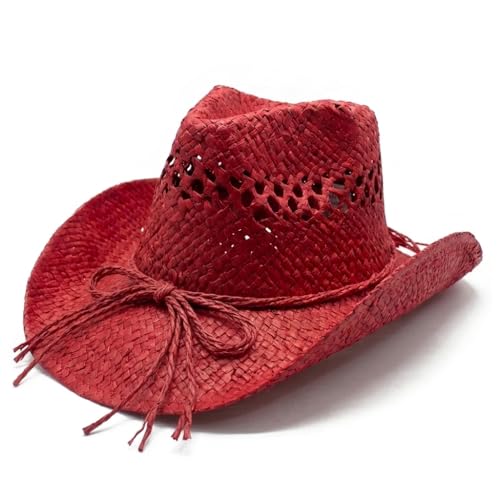 Image of Men & Women's Summer Cowboy Cowgirl Straw Hat Hollow Out Woven Roll Up Wide Brim Sun Hat with Chin Strap
