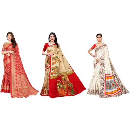 Image of Yashika Women's Sarees Women's Combo Art Silk Printed Saree With Unstitched Blouse Piece |saree for Women | saree combo | New Sari | Saree Pack Of 3