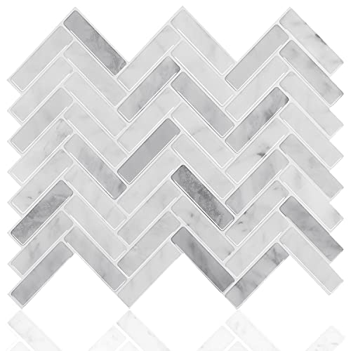 STICKGOO Peel and Stick Tile Backsplash, Grey Herringbone Adhesive Backsplash Tiles, Stick on Tiles for Kitchen & Bathroom (Pack of 10, Thicker Design)
