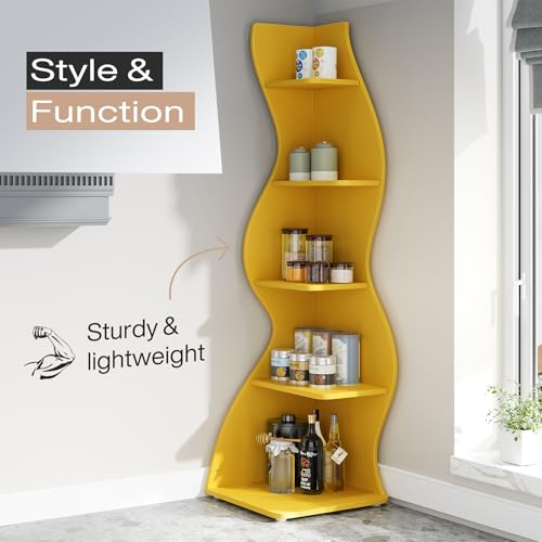 Image of Tribesigns Corner Shelf, Modern 5-Tier Wall Corner Bookshelf, Stylish Corner Small Bookcase Storage Rack Plant Stand with Unique Shape for Living Room, Home Office (Yellow, 1PC)