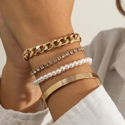 Gold Pearl Bracelets for Women Dainty 14K Gold Plated Stack Set Trendy Stackable Non Tarnish Cuban Link Chain Bracelets Jewelry Sets Gifts for Womem2