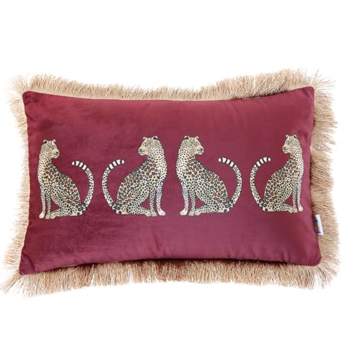 XSlive Lumbar Decorative Throw Pillow Cover with Tassels Leopard Pattern Cushion Cover Luxury Style Soft Velvet Pillowcase for Sofa Couch Bedroom (12"x20",Wine Red)