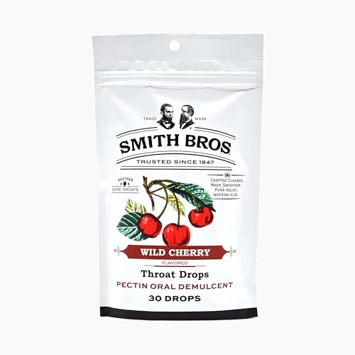 Smith Bros. Wild Cherry Sore Throat Drops, with Pectin - Vintage Candy Throat Lozenges - The Original American Cough Drop, Bag of 30ct Drops (Pack of 1)