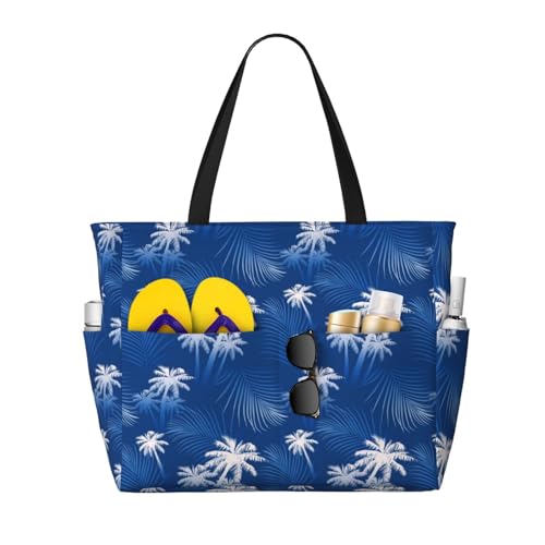 Large Beach Bags Water-resistant Sandproof - white palm tree Cute Beach Tote Bags for Women with Zipper