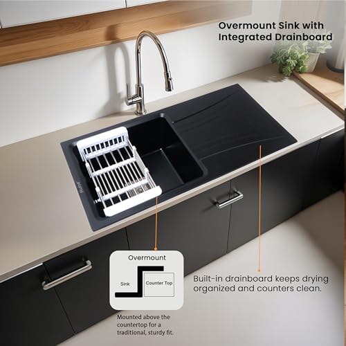 Image of Ruhe Quartz Single Bowl 36x18x9 Inches Drainboard Kitchen Sink | Black Non-fading Colour with UV Protection | Natural Stone Quartz /Granite Sink with Sink Coupling, Waste Pipe & Strainer Basket