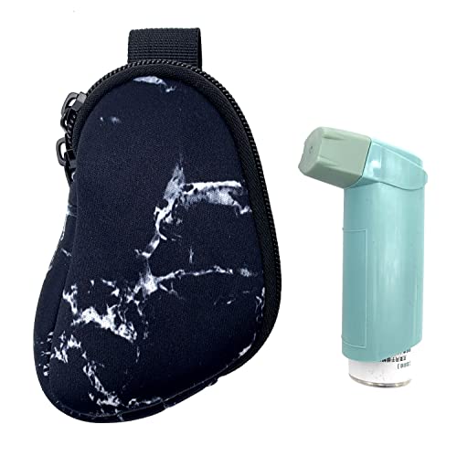 Image of Wanty Asthma Inhaler Holder Neoprene Protective Portable Carrying Bag Travel Inhaler Mini Case Sleeve for L-Shaped Inhaler, Inhaler Not Included (Marble Black), 5'' x 3''