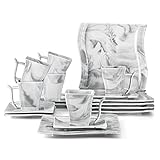 MALACASA Plates and Cups Set, 18-Piece Porcelain Square Dinnerware Sets with 8 '' Dessert Plates, 7 OZ Coffee Mugs, and 5.4'' Saucers, Marble Dish Set for 6, Series Flora