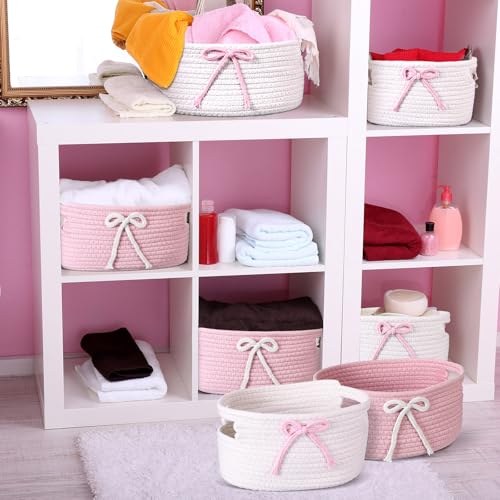 Image of Breling 3 Pieces Pink Bow Baskets Coquette Bow Cotton Rope Storage Basket Pink Woven Gift Baskets Laundry Hamper Rope Bin with Handles for Decoration Organization Storage for Nursery, Pet Toy Basket