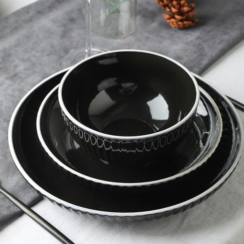 Image of Christian Siriano Lustra Modern 16-Piece Stoneware Dinnerware Set, Plates and Bowls Set, Dinner and Salad Plates, Ramen Bowls, Dishes for 4, Black