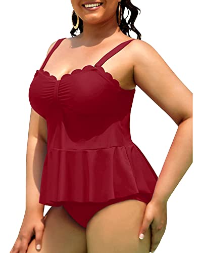 Yonique Women Plus Size 2 Piece Tankini Swimsuits Ruched Bathing Suits Peplum Swimwear Scalloped Swimsuits Burgundy 16 Plus